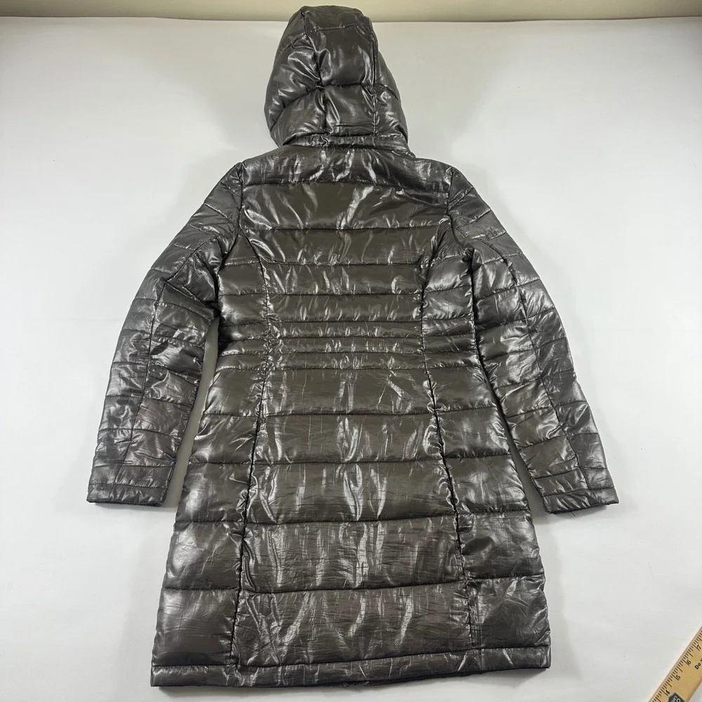 Marc New York Andrew Marc Womens XS Puffer Jacket Metallic Grey Hooded Long Coat